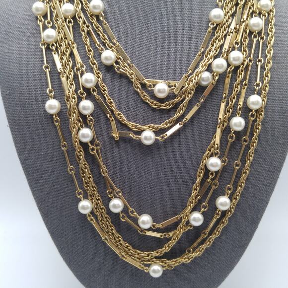 Vintage 1960s Faux Pearl Ten Strand Gold Tone Necklace - Picture 6 of 10